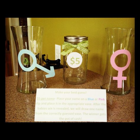 Baby Gender Reveal Party Game: Each guests places $5 in jar then writes their name on a pink or blue slip depending on their guess of the baby gender. Once the cake is cut and the baby gender is revealed, one name is selected from the appropriate gender container and the selected name wins half the jar of cash while the other half goes towards baby's bank account Baby Gender Reveal Party Games, Reveal Party Food Ideas, Gender Reveal Party Food Ideas, Gender Reveal Photo Shoot, Gender Reveal Party Food, Halloween Gender Reveal, Gender Reveal Party Games, Gender Reveal Games, Baby Shower Deco