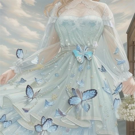 Prom Dresses With Butterflies, Dress With Butterflies, Buterfluffy Dress, Butterfly Themed Dress, Butterfly Core Aesthetic Outfit, Butterfly Core Outfits, Butterfly Dress Aesthetic, Blue Butterfly Dress, Butterfly Themed Clothes