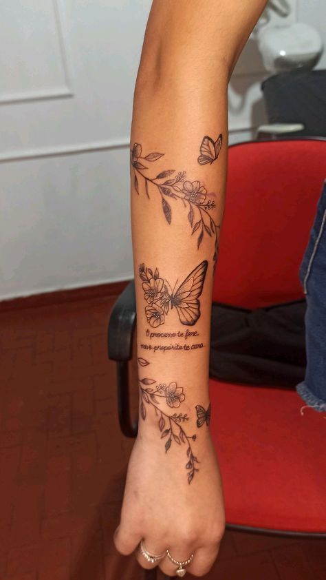 Thigh Memorial Tattoos, Flower Vine Sleeve Tattoos For Women, Tattoos That Go With Butterflies, Vine And Butterfly Tattoos For Women, Lotus Flower Wrap Around Arm Tattoo, Hibiscus Butterfly Tattoo, Butterfly With Vines Tattoo, Butterfly Tattoos For Women Arm, Quad Tattoos Women