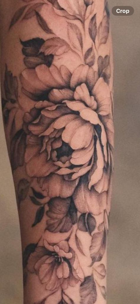 Shaded Peony Tattoo, Black White Peony Tattoo, Realistic Peony Tattoo Black And White, Peonies Sleeve Tattoo, Peony Tattoo Realism, Rib Floral Tattoo, Peony Tattoo Black And White, Blackout Flower Tattoo, Realism Floral Tattoo