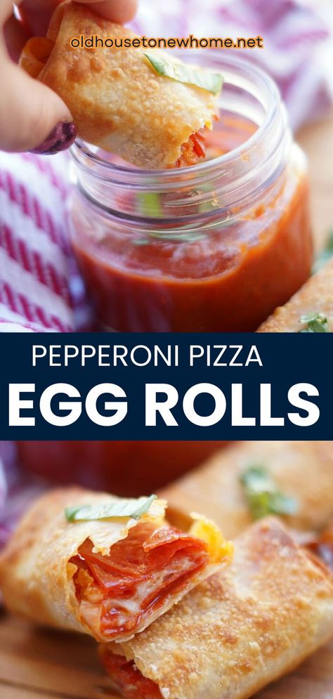 Pepperoni Pizza Egg Rolls Air Fryer . Cheese and pepperoni are rolled up in a wonton wrapper, then air fried until brown and crispy! Serve this as a kid friendly snack, appetizer, or lunch! Air Fryer Pepperoni, Pizza Egg Rolls, Air Fryer Cheese, Wonton Wrapper Recipes, Mediterranean Pizza, Air Fryer Pizza, Supreme Pizza, Kid Friendly Snack, Pizza Recipes Easy