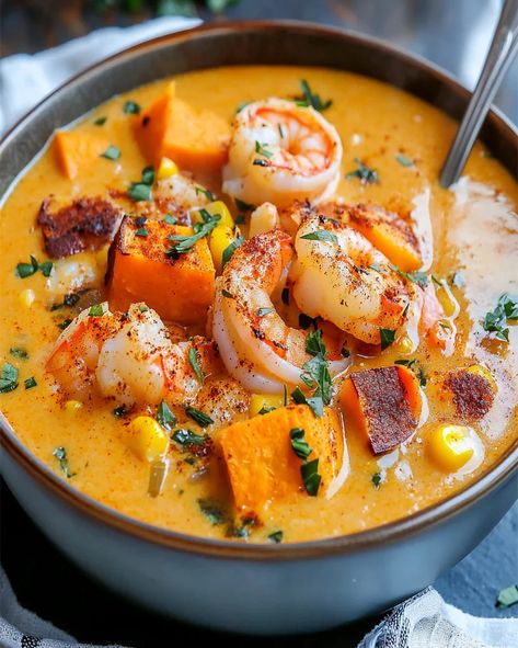 Cajun Sweet Potato Seafood Chowder Recipe - Easy & Tasty Sweet Potatoes And Shrimp, Shrimp And Sweet Potato Recipe, Loaded Chicken Nachos Recipe, Roasted Potatoes And Broccoli, Seafood Chowder Recipe, Onion Butter, Jasmine Rice Recipes, Potatoes And Broccoli, Easy Roasted Potatoes