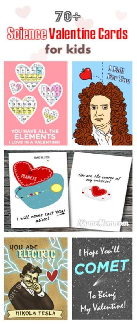 Science Valentine cards for kids, with cool pictures and catchy lines, science and scientists of physics, chemistry, animals, biology, … Fun printable Valentine cards for class Valentine exchange. #STEMforKids #Science #Valentine #Kids #ScienceValentine #ValentineCard #iGameMomSTEM #ScienceForKids #ValentinesDay Valentine Cards Kids, Catchy Lines, Weird Valentines, Valentine Cards For Kids, Science Valentines, Learn Science, Learn Physics, Science Activities For Kids, Cards For Kids