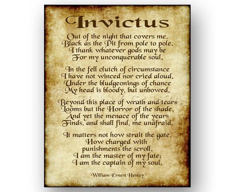 Invictus Poem by William Ernest Henley 8x10 Print by GooStudio                                                                                                                                                                                 More Invictus Poem, William Ernest Henley, Poetry Wall, Parchment Design, Poem Art, Life Poster, Print Decor, Motivational Wall Art, Motivational Messages