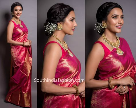 Priya Anand attended Vels Film International Vetri Vizha 2019 wearing pink and gold kanjeevaram silk saree by Kanakavalli paired with temple jewellery by Jaipur Gems. Braided updo decorated with flowers, pink lips. green bindi and kohled eyes rounded out her look! Temple Jewellery With Saree, Pink Saree Hairstyle, Banarsi Saree Look For Wedding, Hairstyles For Kanjeevaram Saree, Indian Reception Look Saree, Blouse On Pink Saree, Pink Saree Wedding Look, Hairstyles For Silk Sarees, Banarasi Saree For Reception