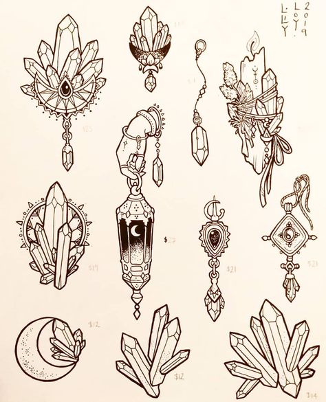 🌟New Tattoo Flash for sale tomorrow!! EDIT: These designs will be available as individual designs for purchase, hence their reasobable… Crystal Tattoo, Witch Tattoo, Flash Tattoo Designs, About Tattoo, New Tattoo, Tattoo Flash Art, Flash Art, Tattoo Flash, Book Of Shadows