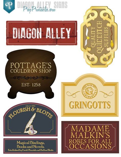 17 Diagon Alley Signs Harry Potter Party wtih by PropPrintables Harry Potter Signs Printable, Harry Potter Motto Party, Harry Potter Signs, Harry Potter Weihnachten, Ron Y Hermione, Classe Harry Potter, Harry Potter Christmas Decorations, Harry Potter Diagon Alley, Imprimibles Harry Potter