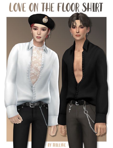 Love On The Floor Shirt + Focus Accessory Lace Top | Trillyke on Patreon Sims 4 Cc Goth, Sims 4 Men Clothing, Sims 4 Male Clothes, Kpop Clothes, Male Outfits, Free Sims, Male Clothes, Sims 4 Characters, Sims 4 Mm