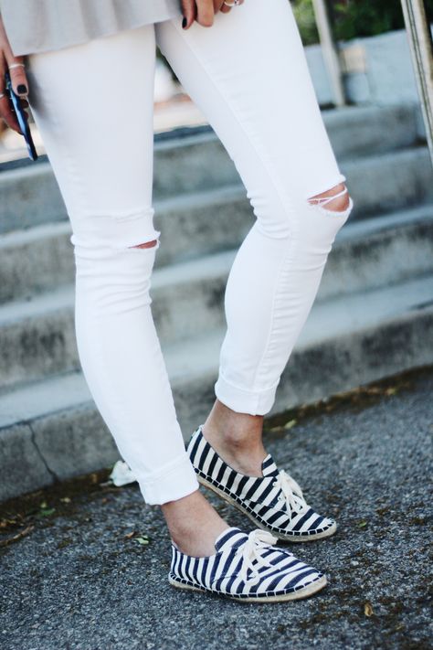 Striped Espadrilles - madamandrews Striped Espadrilles, White Jeans, Stylish Outfits, Espadrilles, Pants, Trousers