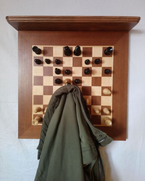 The Pieces on This Chess Set Coat Rack are Immovable Chess Display Ideas, Chess Board Coat Hanger, Chess Piece Decor, Chess Themed Room, Wall Mounted Chess Board, Wooden Chess Board, Wooden Chess, Wall Board, Inspiring Spaces