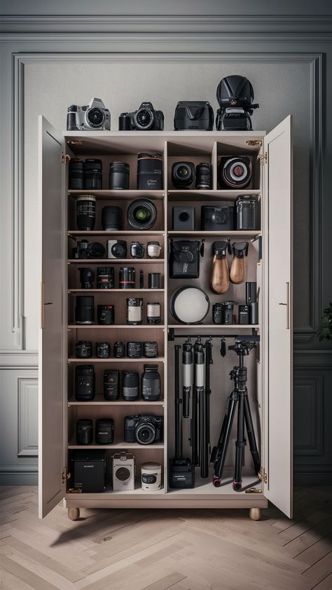 📸 Maximize your small studio space with a compact photography gear cabinet designed for efficient camera storage. This solution offers sleek photography equipment storage, making sure your gear is organized and easily accessible in tight spaces. #CompactStorage #PhotographyGearCabinet #CameraStorage Photography Equipment Organization, Camera Storage Cabinet, Photographer Room Ideas, Photo Equipment Storage, Photography Studio Organization Ideas, Camera Organization Storage, Photo Studio Storage, Photography Room Ideas Studio Spaces, Camera Storage Ideas