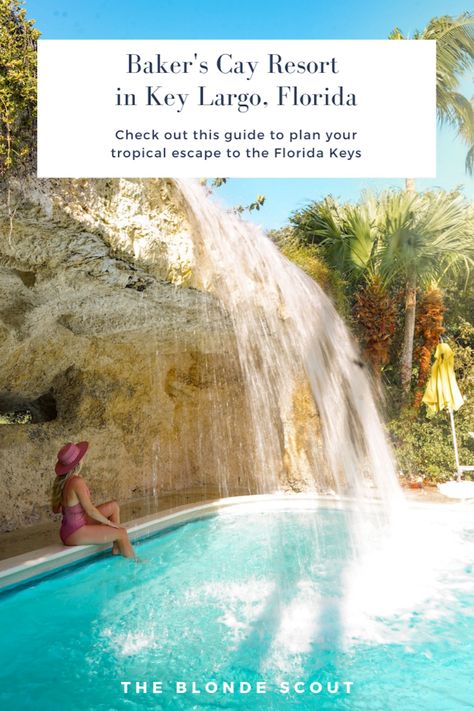 Travel Guide Instagram Photo of a Girl in a pink boater hat wearing pink one piece swimsuit,  at the turquoise waterfall pool at Baker's Cay Resort in Key Largo, Florida Keys Key Largo Florida Things To Do In, Bakers Cay Key Largo, Things To Do In Key Largo, Bakers Cay Resort, Bakers Cay Resort Key Largo Wedding, Long Boat Key Florida, Florida Keys Resorts, Passage Key Florida, Miami Key West