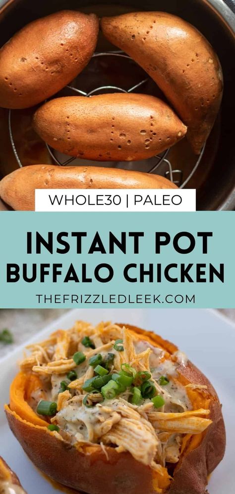 You'll love my instant pot buffalo chicken stuffed sweet potatoes! 20 minutes is all you need to have a delicious Whole30 and Paleo dinner on the table. I am in LOVE with this instant pot! There is nothing you can't do with this beautiful piece of machinery. I use a trivet to cook the chicken and sweet potatoes at the same time. The sweet and spicy flavor profile of this recipe is so satisfying. Give this recipe a try and it will be your new favorite weekday dinner! #instant pot Instant Pot Chicken Sweet Potato Recipes, Chicken And Sweet Potato Instant Pot, Instant Pot Chicken And Sweet Potatoes, Buffalo Chicken Stuffed Sweet Potatoes, Chef Bae, Chicken And Sweet Potatoes, Instant Pot Buffalo Chicken, Chicken Potato Bake, Easy Whole 30 Recipes