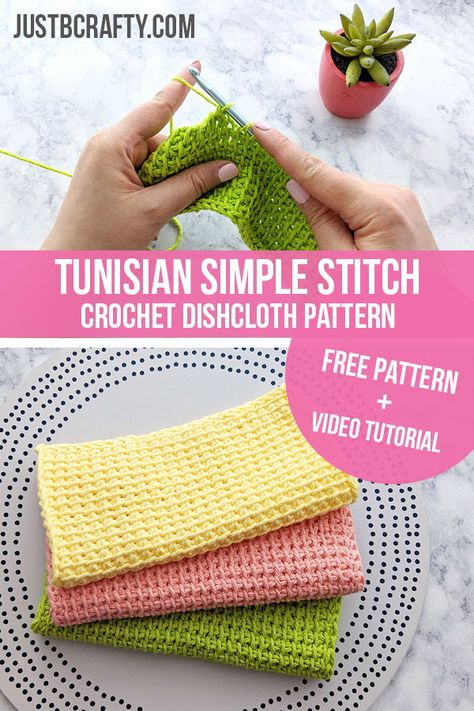 Learn to crochet the tunisian simple stitch in this step by step tutorial. Tunisian Simple Stitch Crochet Dishcloth Pattern #tunisiancrochet #tunisiansimplestitch #tunisiancrochetdishcloth #crochet #justbecrafty Tunisian Simple Stitch, Simple Stitch, Tunisian Crochet Patterns, Tunisian Crochet Stitches, Dishcloth Crochet Pattern, Washcloth Pattern, Crochet Dishcloth, Crochet Washcloth, Knit Dishcloth