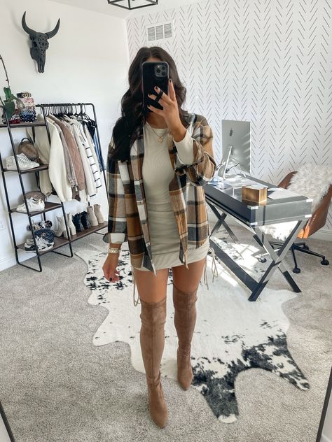 Boots With Bodycon Dress, Winter Photographer Outfit, Cute Fall Going Out Outfits For Women, Outfits With Suede Boots, 2023 Winter Outfits Women, Leather Mini Skirt Outfit Fall, Flannel And Skirt Outfit, Flannel And Dress Outfit, Warm Cute Outfits