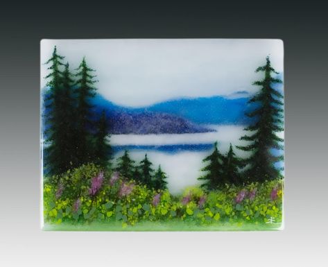 Slumping Glass Ideas, Fused Glass Art Ideas, Fused Glass Landscapes, Fused Glass Scenes, Fused Glass Mountain Scene, Fused Glass Mountains, Fused Glass River, Glass Frit Painting, Fused Glass Beach