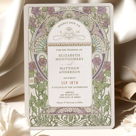 Art Nouveau Wedding Invitation, Lilac Wedding Invitations, Navy Blue And Gold Wedding, Red Gold Wedding, Green Gold Weddings, Art Nouveau Mucha, Blue Gold Wedding, Retro Wedding Invitations, Art Nouveau Weddings