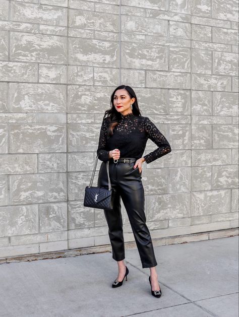 Leather And Lace Party Theme Outfit, Black Lace Top Outfit Classy, Leather Pants Party Outfit, Leather And Lace Outfits, Black Lace Top Outfit, Fancy Dinner Outfit, Ysl Envelope Bag, Ysl Envelope, Holiday Party Outfit Work