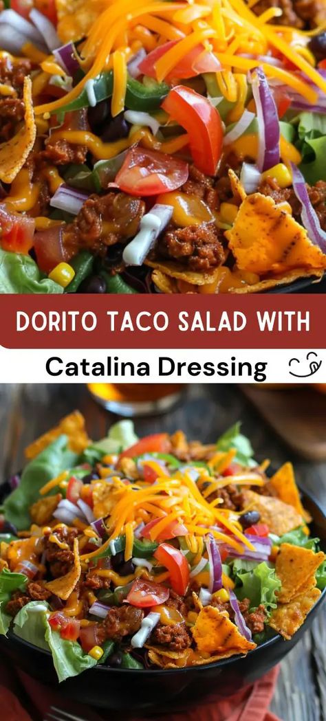 Dorito Taco Salad with Catalina Dressing Recipe Dorito Taco Salad With Catalina Dressing Ground Beef, Catalina Taco Salad Doritos, Taco Salad Catalina Dressing, Catalina Taco Salad, Dorito Salad, Taco Salad With Catalina Dressing, Catalina Dressing Recipes, Dorito Taco Salad, Dorito Taco Salad Recipe