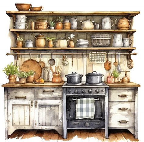 Kitchen Clipart, Wooden Cupboard, Cosy Kitchen, Small Kitchen Organization, Victorian Scrap, Small Organization, Kitchen Art, Etsy Crafts, Watercolor Clipart