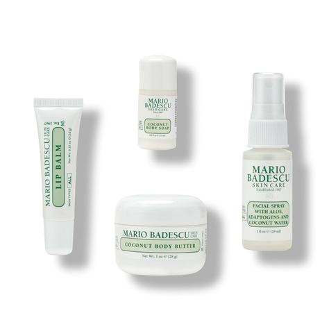 Take your skin on the ultimate hydration vacation with Mario Badescu’s Winter Skin Care Glow Essentials. Infused with a refreshing hint of coconut, the limited-edition four-piece set features: 1. Coconut Body Soap - a lightweight, gel based body wash with Jojoba, Rice Bran and Coconut meant to moisturize and restore the natural glow of your skin. 2. Coconut Body Butter - a rich cream infused with Mango and Shea Butters + Argan, Apricot and Rosehip Oils to visibly smooth and soften dry skin, leaving it visibly glowing. 3. Facial Spray with Aloe, Coconut and Adaptogens - refreshing and hydrating facial spray with Niacinamide, Hyaluronic Acid, Aloe and Coconut Water creates a dewy, glowy finish on skin. 4. Lip Balm - an ultra nourishing lip balm for dry, chapped lips infused with Cocoa Butter Skin Care Glow, Coconut Body Butter, Coconut Body Scrubs, Mario Badescu Skin Care, Glowing Skincare, Winter Skin Care, Rice Bran, Exfoliating Scrub, Facial Spray