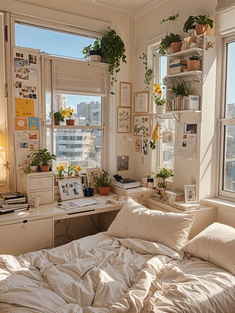 Cute Planty Bedrooms, Plants Next To Window, Cozy Plants Bedroom, Garden Dorm Room, Plants In Dorm Room, Large Studio Apartment Ideas, Dorm Room With Plants, Natural Light Apartment, Plant Dorm Room College