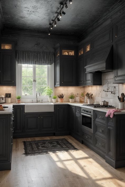 This pin showcases a collection of 17 stylish black kitchens featuring modern designs with gorgeous black cabinetry and captivating farmhouse sinks. Kitchen Black Walls White Cabinets, Black Kitchen Cabinets Gray Floor, Country Kitchen Black Cabinets, Black Ceiling In Kitchen, All Black Interior House, Black Interior Kitchen, Kitchen Design Black And White, Black Kitchen Appliances, Black House Interior