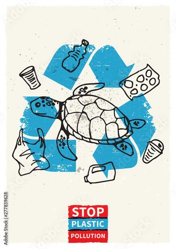 Stock Image: Stop ocean plastic pollution vector illustration with turtle and plastic garbage. Marine wildlife graphic design. Plastic polluted ocean problem creative concept. Eco problem banner with recycle sign. Garbage Poster, Polluted Ocean, Pollution Poster, Green Campaign, Sea Turtle Drawing, Ocean Plastic Pollution, Recycle Sculpture, Recycle Sign, Marine Wildlife