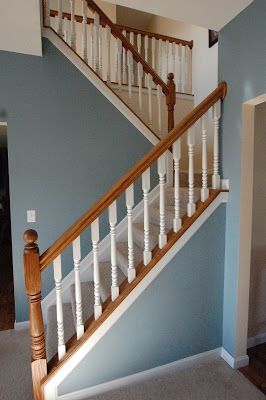 Painted Spindles, Painted Banister, Staircase Spindles, Stair Railing Makeover, Wood Fireplace Surrounds, Interior Stair Railing, Stair Spindles, Painted Staircases, Wood Balusters