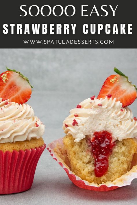 Strawberry Cupcake Recipe, Strawberries And Cream Cupcakes, Strawberry Filled Cupcakes, Strawberry Cupcake Recipes, Moist Vanilla Cupcakes, Strawberry Crunch Cake, Cupcakes Filled, Spring Cupcakes, Moist Cupcakes