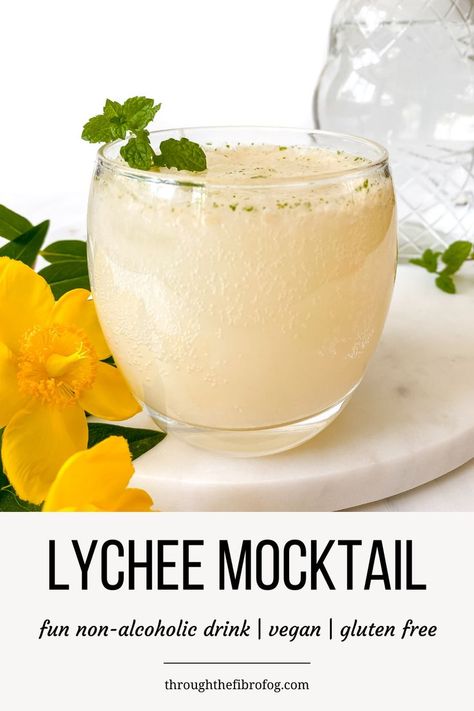 lychee mocktail in a glass next to yellow flowers with a jug in the background. Lychee Mocktail, Mint Mocktail, Fizz Mocktail, Drink For Summer, Easy Mocktail Recipes, Fibro Fog, Summer Drinks Alcohol, Alcohol Free Drinks, Drink Recipes Nonalcoholic