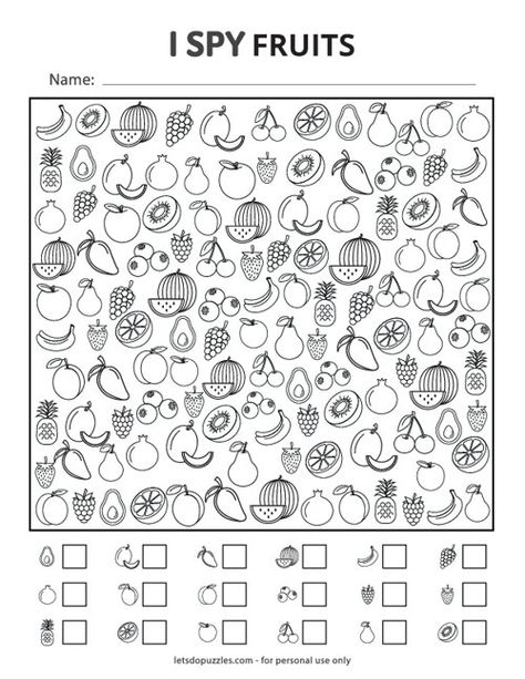 I Spy Fruits game for kids is an engaging activity where young explorers enhance their observation skills as they search for a diverse array of colorful fruits hidden amongst the lush foliage. Simply download and print. Visual Worksheets For Kids, Fruits Worksheets For Kids, Fruit Worksheet, Fruits Printable, Printable Worksheets For Kids, Fun Worksheets For Kids, Printable Puzzles For Kids, Halloween Worksheets, Kids Fall Crafts