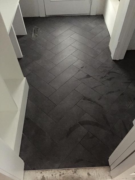 Black Herringbone Tile Bathroom, Tile Bathroom Floor Ideas, Tile Herringbone Floor, Black Bathroom Floor Tiles, Black Tile Bathroom, Black Tile Bathroom Floor, Bathroom Floor Ideas, Black Herringbone Tile, Dark Tile Floors