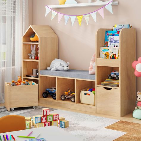 Kids Room Toy And Book Storage, Nursery Bookshelf And Toy Storage, Nursery Room Bookshelf Ideas, Kids Shelving Ideas, Small Kids Room Organization, Toddler Montessori Bedroom, Playroom Bookshelves, Living Room Toy Storage Ideas, Room Bookshelf Ideas