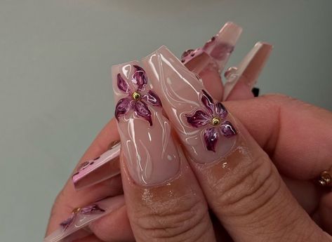 Coffin Gel X Nail Designs, Magenta Nails Design, Clubbing Nails, Gel Manicure Ideas, Pink Nail Design, Deep Magenta, 3d Flower Nails, Pinterest Nails, Baddie Nails