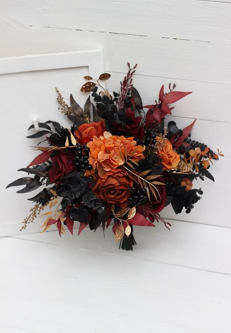 Burgundy Black Gold Rust Flowers Fall Bridal Bouquet Faux Bouquet Fall Wedding Halloween Wedding Silk Flowers Boho Wedding - Etsy UK Fall Theme Wedding Bouquet, Autumnal Gothic Wedding, Fall Themed Wedding Bouquets, Black And Orange Wedding Bouquets, Moody Fall Flowers, Black Red Bouquet, Goth Fall Wedding, Moody Bridesmaid Bouquet, Orange And Black Wedding Theme