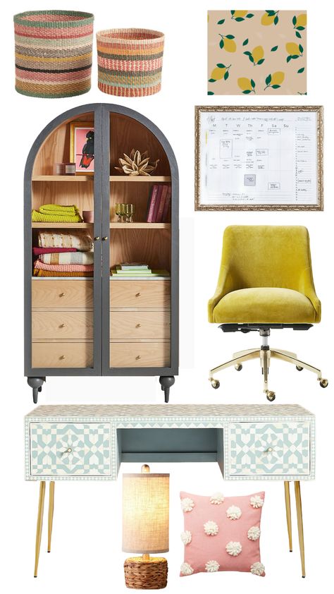 Friday Favorites- Home Office Ideas, Diffuser Display and more! - Nesting With Grace Dreamy Office Aesthetic, Small Home Office Decorating Ideas, Wfh Office Aesthetic, Small Bright Office, Neutral Feminine Office, Anthro Inspired Office, Boho Desk Makeover, Apartment Office Inspiration, Nesting With Grace Office