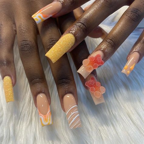 Gummy Bear Nails, Neon Nail Designs, Bears Nails, Colorful Nail Art, Nail Design Inspiration, Orange Nails, Kawaii Nails, Neon Nails, Accent Nails