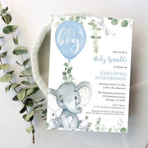 It's a boy baby sprinkle cute elephant balloon invitation Boy Baby Sprinkle, Baby Boy Sprinkle, Baby Boy Invitations, Balloon Theme, Elephant Balloon, Balloon Invitation, Safari Baby Shower Invitations, Sprinkle Invitations, Safari Baby