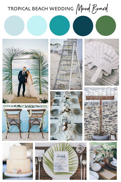 Tropical beach wedding mood board. Beach ceremony and reception. #beachwedding #weddinginspo Blue Color Scheme Wedding, Color Scheme Wedding, Beach Wedding Colors Schemes, Blue Beach Wedding, Beach Wedding Decorations Reception, Beach Wedding Colors, Color Mood, Tropical Beach Wedding, Blue Board