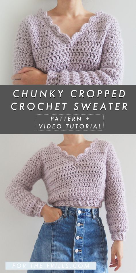 Chunky Cropped Crochet Sweater Pattern + Video Tutorial - for the frills Cropped Crochet Sweater, Modern Haken, Crochet Sweater Pattern, Waisted Skirts, شال كروشيه, Crochet Sweater Pattern Free, Modern Crochet Patterns, Mode Crochet, Haken Baby