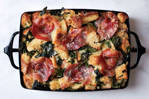 Use regular broccoli instead of broccoli rabe for a more kidfriendly version. Corn Gratin, Scalloped Squash, Spinach Strata Recipe, Pancetta Recipes, Parmesan Bread, Italian Meats, Broccoli Rabe, Brunch Dishes, Crust Recipe