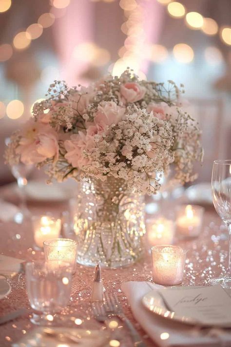 14 Enchanting Baby's Breath Centerpieces For Every Occasion • Centerpieces Quinceanera Flowers, Small Quince Centerpieces, Pastel Pink Centerpieces, Pale Pink Centerpieces, Round Table Party Centerpieces, Cute Pink Centerpieces, Rose Gold Balloon Centerpieces, Blush Pink And White Centerpieces, Pink Flower Centerpieces Quinceanera