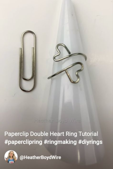 Double heart ring made with a papeclip. Click image for #shorts video on YouTube @heatherboydwire How To Make A Paperclip Heart, How To Make Paperclip Hearts, Paper Clip Heart Ring, Paperclips Rings, Heart Paper Clip Tutorial, Paperclip Rings, Heart Ring Tutorial, Paperclip Crafts, Double Heart Ring