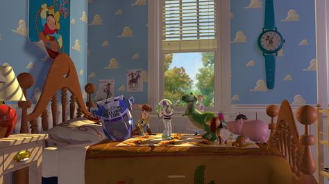 For the dreamer in all of us, there was Andy’s cloud-filled bedroom in Toy Story (1995). | 18 Killer Bedrooms All '90s Teens Wish They'd Had Vbg Zoom, Andys Room Toy Story, Toy Story Andy, Andys Room, Toy Story Room, Toy Story Halloween, Toy Story 1995, Storyboard Ideas, Bedroom Drawing