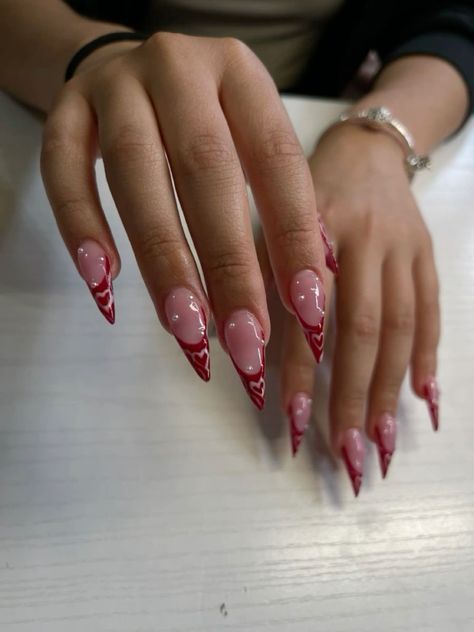 Sharp Valentines Nails, Red Valentines Day Nails Stiletto, Valentine Nails Stilleto, Stiletto Vday Nails, Pointy Valentine Nails, Stiletto Valentine Nails, Red French Valentine Nails, Valentine Stilleto Nails Designs, Stilleto Nails Valentine