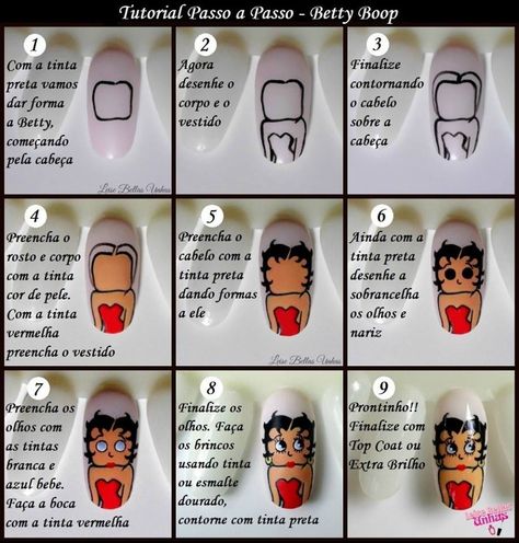 Betty Boop Nail Art Step By Step, Short Betty Boop Nails, Betty Boop Halloween Nails, Betty Boop Inspired Nails, Betty Boop Acrylic Nails, Cartoon Nail Art Step By Step, Betty Boop Nails Designs, Betty Boop Nail Art, Character Nail Art Step By Step