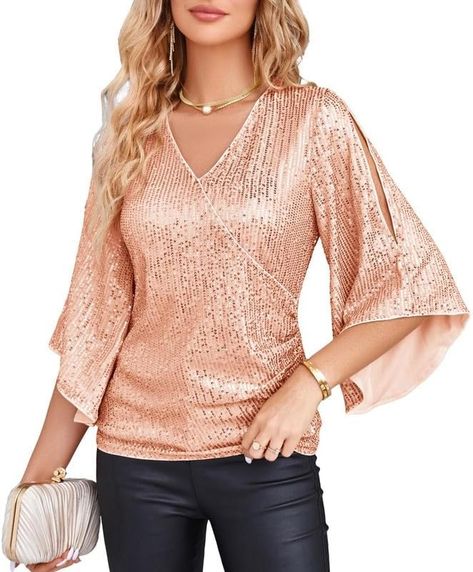 Women Sequin Top 3/4 Sleeve V-Neck Shiny Metallic Sparkly Sparkle Sexy Tops Party Club Cocktail Shirt Rose Gold S at Amazon Women’s Clothing store Vintage Sequin Top, Glitter Blouse, Sparkly Party, Casual Tshirt, Party Blouse, Going Out Shirts, Sequin Blouse, Stylish Top, Poncho Style