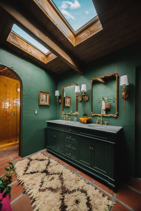 dark green bathroom with skylights Green Bathroom Paint, Dark Green Bathroom, Mirror And Sconces, Dark Green Bathrooms, Green Vanity, Yellow Tile, Bathroom Redesign, Green Walls, Green Bathroom