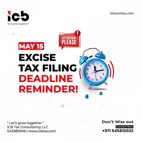 Attention Businesses in Dubai! the May 15th Excise Tax filing deadline is sneaking up fast! Don't miss out - let ICB Tax Consultancy handle it for you. See more www.icbtax.com ☎ 043380949 📞 0545810022 ✉ info@icbtax.com #EXCISETAX #taxfiling #CorporateTaxinUAE #corporatetaxuae #corporatetax Tax Filing, Sneaks Up, Filing Taxes, Income Tax, In Dubai, See More, Dubai, Let It Be, Quick Saves